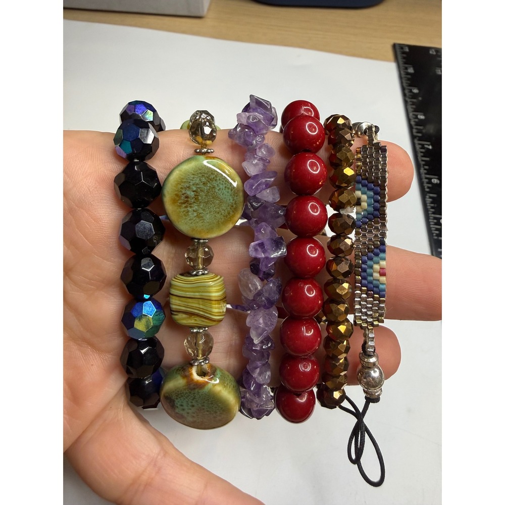 Mixed Bead Bracelet Lot 6pc Amethyst Ceramic Woven Seed Bead Stretch Stackable